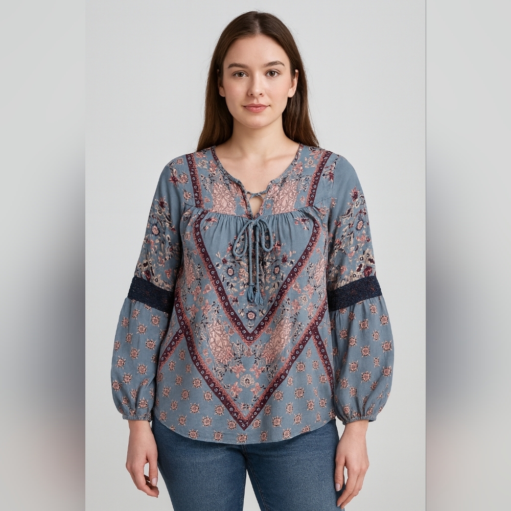 Knox Rose Boho Peasant Blouse XS Blue Floral Long Sleeve
